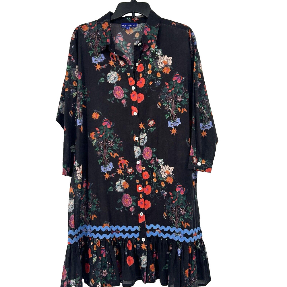 Ro's Garden Boho Shirt Dress Black Floral Button Front 3/4 Sleeves Size S